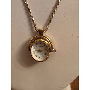 Vintage C. Blanc Reversible Pendant Necklace Watch on One Side, Purple Cabochon